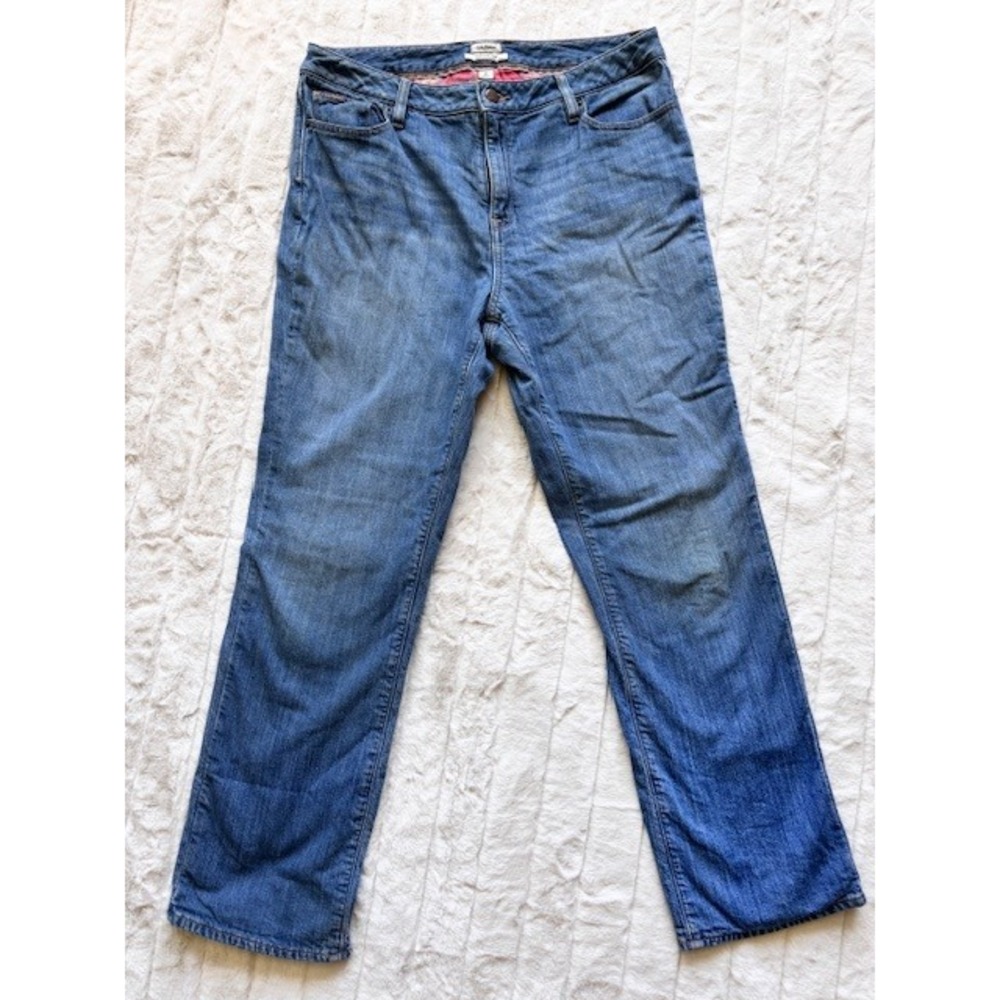 LL Bean Favorite Fit Flannel Lined Jeans Blue Plaid Medium Wash 12 Reg 296907